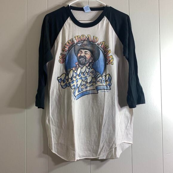 vintage 1980 WILLIE NELSON On The Road Again raglan 3/4 sleeve tee shirt LARGE - Picture 2 of 8